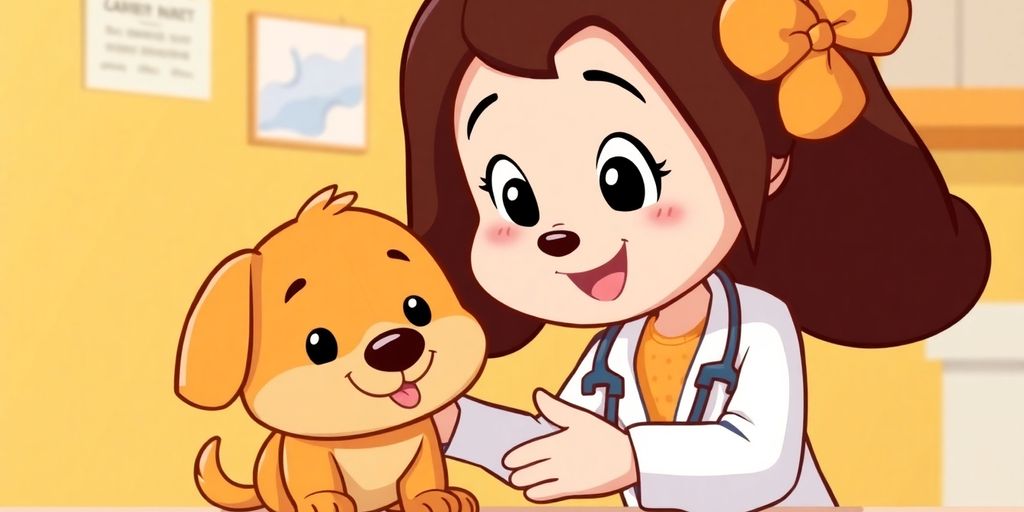 Cartoon dog receiving medical attention from a vet.