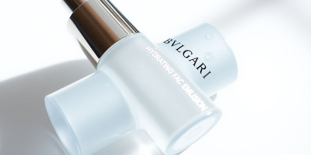 Bvlgari Hydrating Face Emulsion bottle with water droplets.