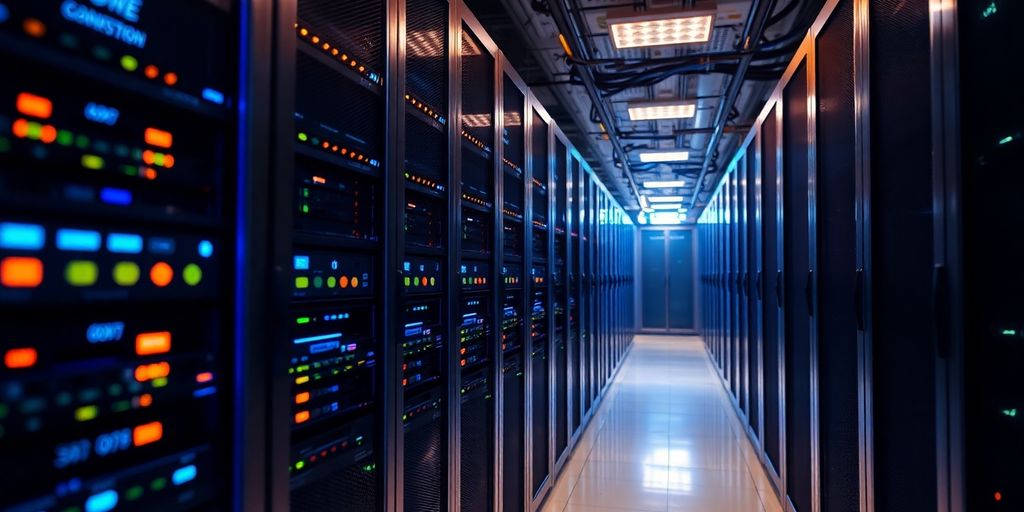 Modern server room with advanced technology and servers.