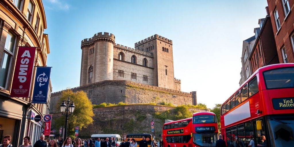 Nottingham's historic castle overlooks a lively city street.