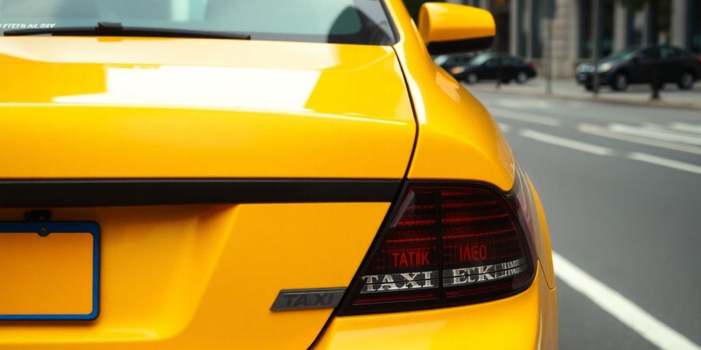 Yellow taxi cab driving on a New York City street.