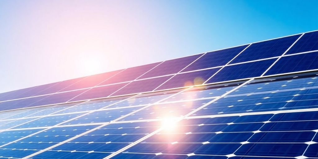 Solar panels under a blue sky with bright sunlight.