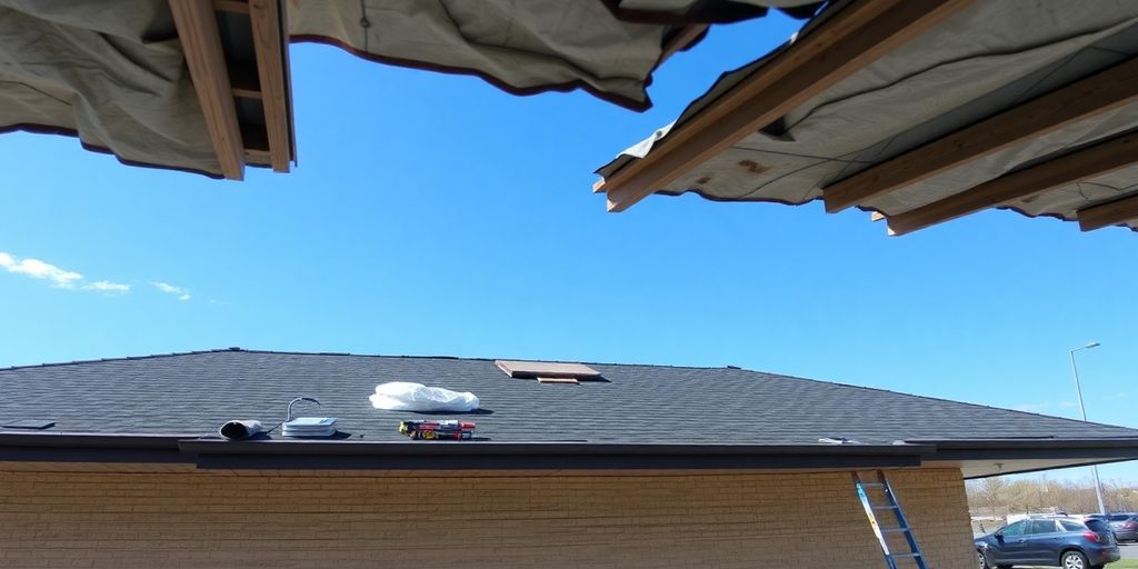 Drone view of commercial building roof replacement in Omaha.