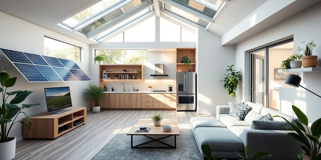 Smart home with solar panels and energy-efficient devices.