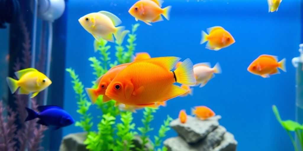 Makukulay na isda na lumalangoy sa isang malinaw na aquarium na may mga halaman.