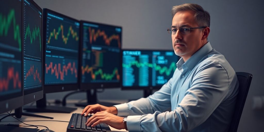 Man analyzing stock market data on computer.