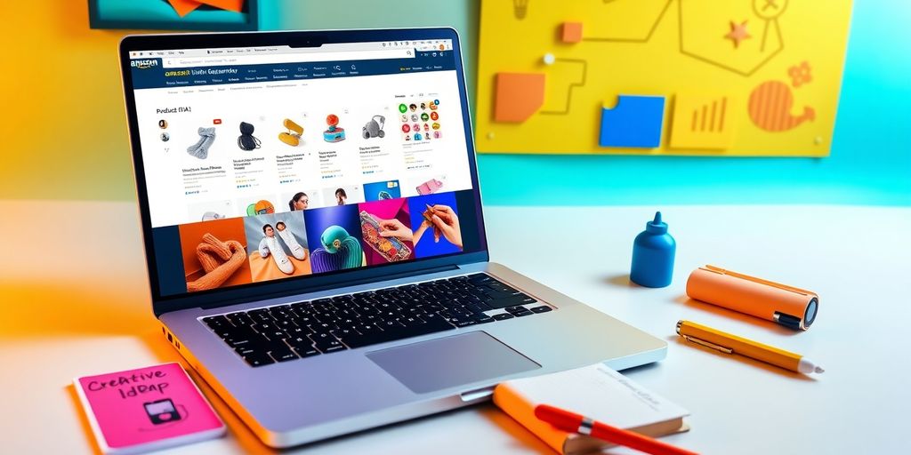 Laptop with AI product listings and creative workspace setup.