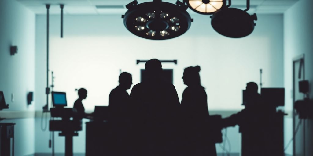 Silhouettes of medical equipment in a calm hospital setting.