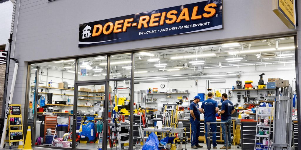 A reliable roof repair service office with workers discussing.