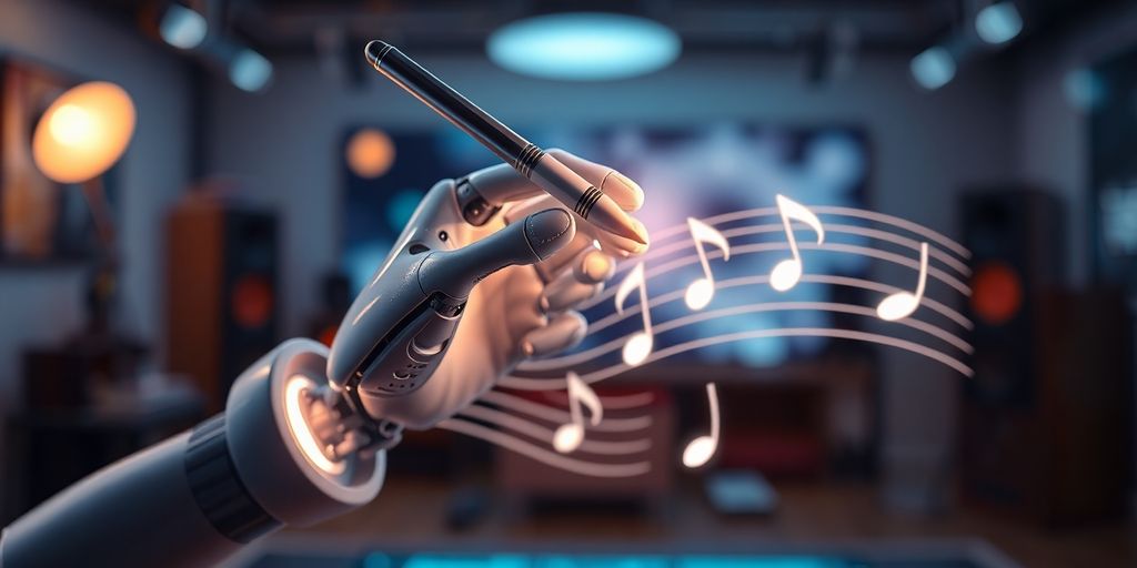 Robot composing music with a glowing pen.
