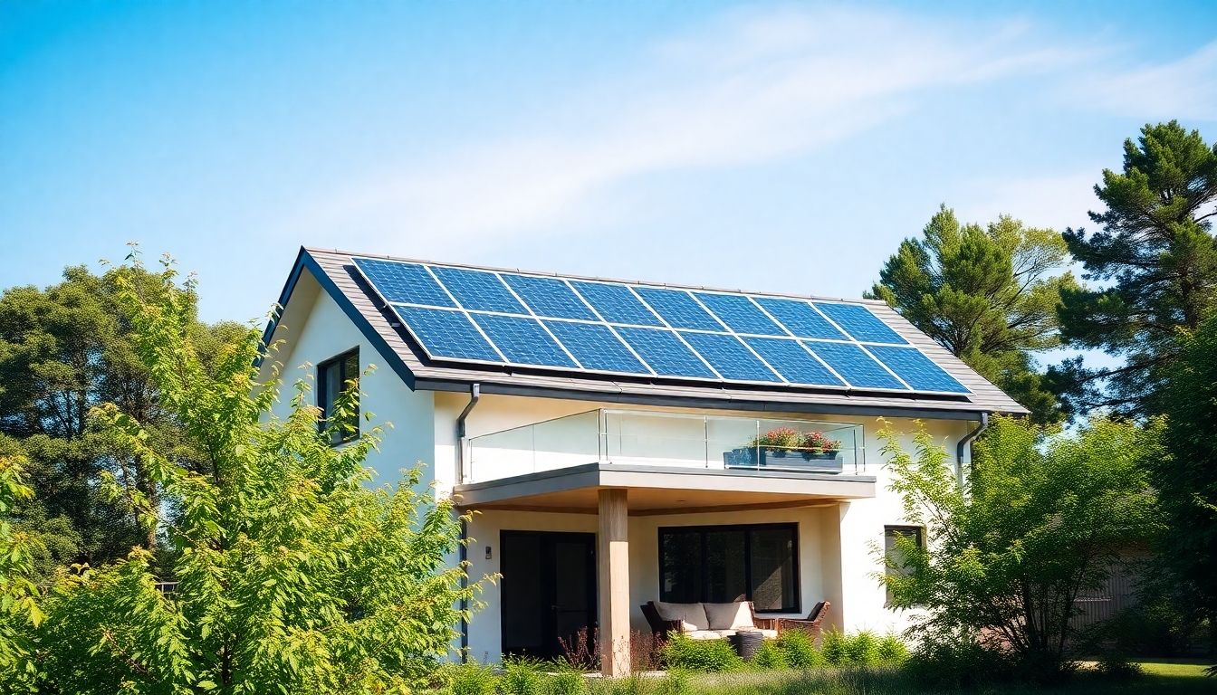 Modern home with solar panels and greenery.