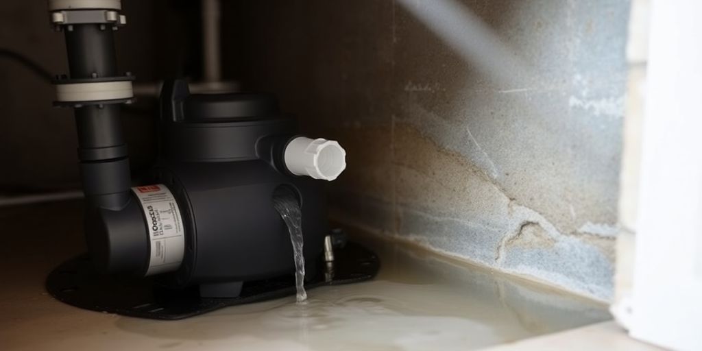 Sump pump installation in a clean basement setting.