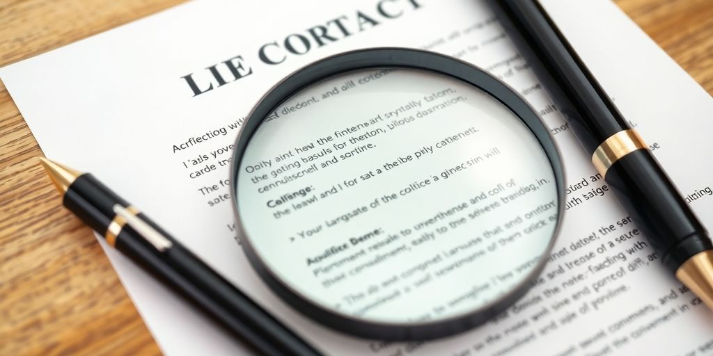 Magnifying glass over a legal document with a pen nearby.