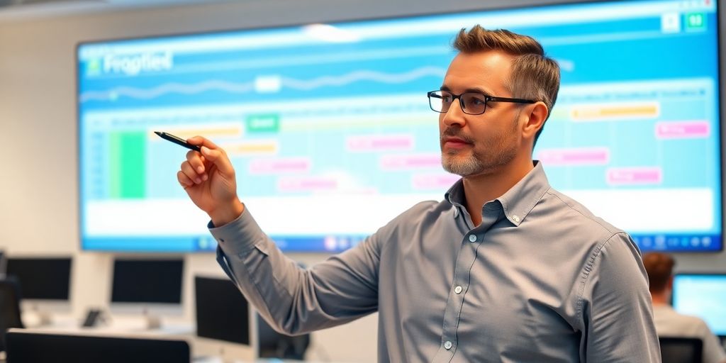 Man pointing at a digital project plan.