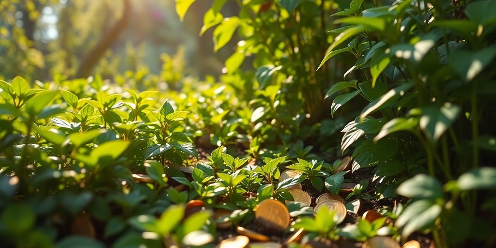 Jardin secret avec pièces d'or cachées parmi les plantes.