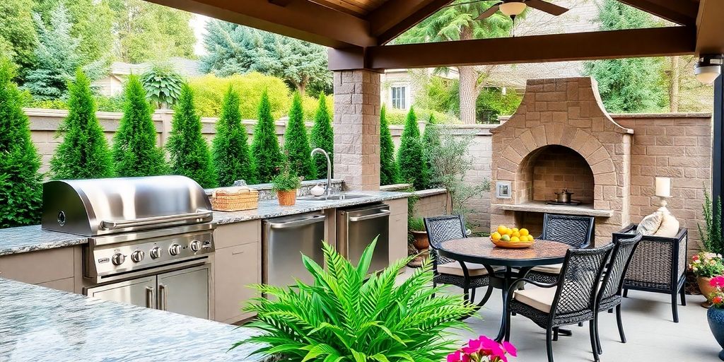 Outdoor kitchen, grill, countertops, patio, dining, lush garden.
