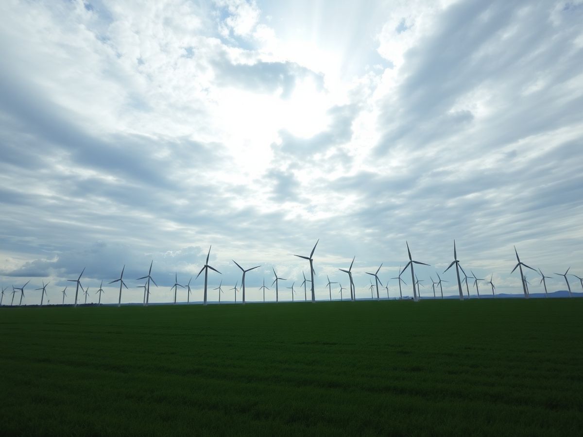 Turbine eoliene pe un câmp verde sub cerul înnorat.