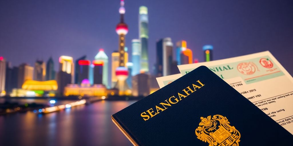 Passport and visa documents with Shanghai skyline background.