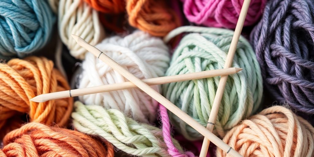 Colorful yarn skeins, knitting needles, various textures.