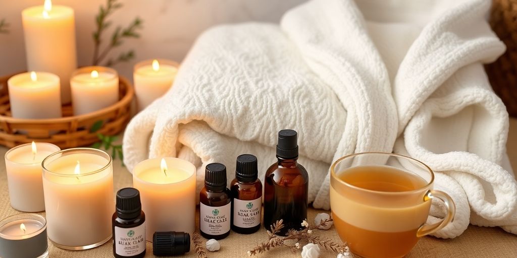Spa setup with candles and wellness gifts for mom.