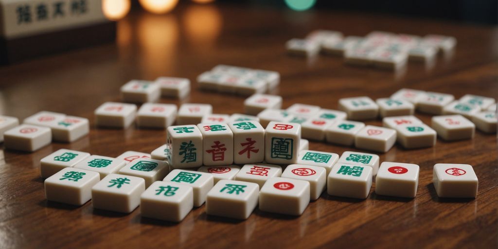 Close-up of Mahjong tiles with various symbols and characters