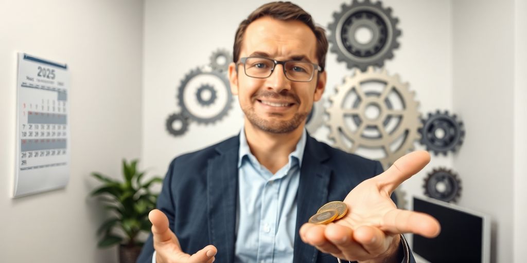 Businessman, coins, calendar, gears, small business office.