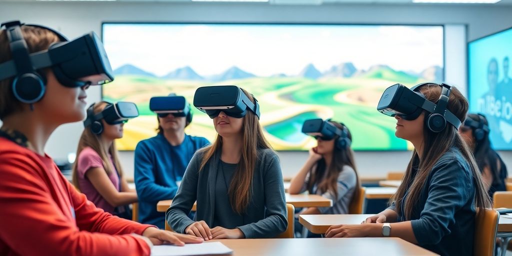 Students using virtual reality headsets in a classroom.