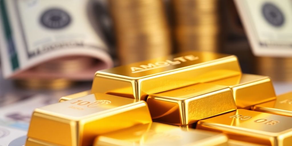 Barres d'or empilées avec des billets en arrière-plan.
