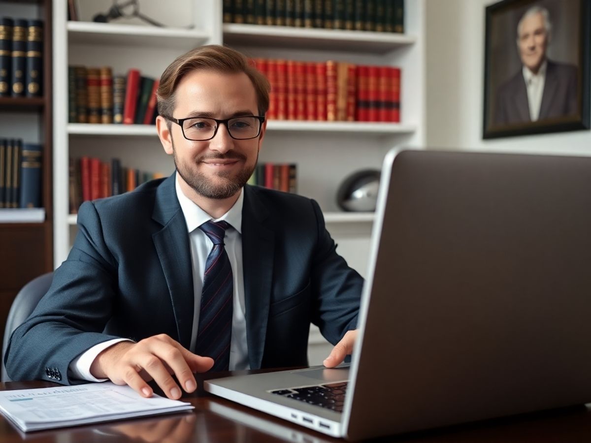 Avocat la birou, oferind consultanță online.