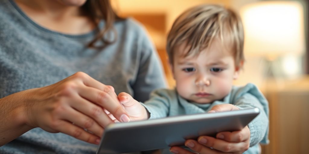 Parent, child, tablet, struggling, colorful background.