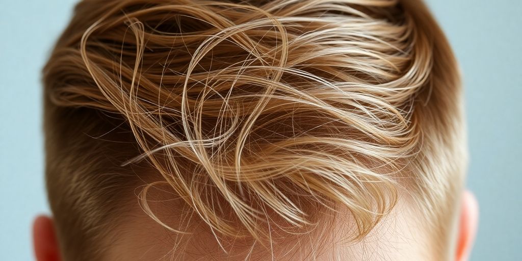 Man's hair with cowlick, light brown strands.
