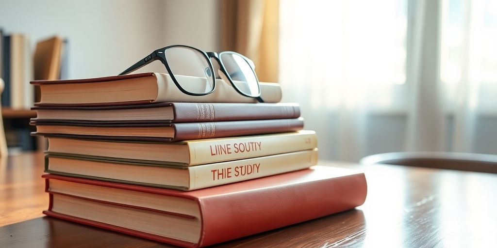 Photographic image of a stack of investment books on a wooden desk.