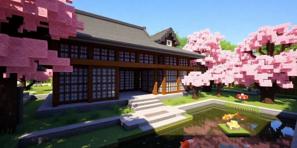 Minecraft Japanese house with cherry blossoms and koi pond.