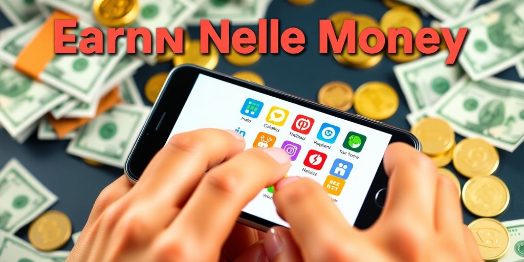 Person using money-making app on smartphone with cash.