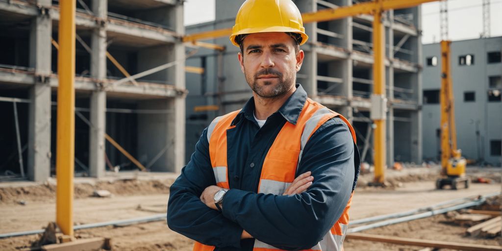 Electrician in uniform with tools at construction site.