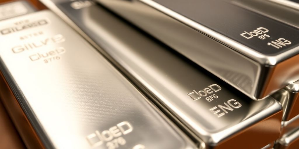 Barres d'argent brillantes empilées sur un fond neutre.