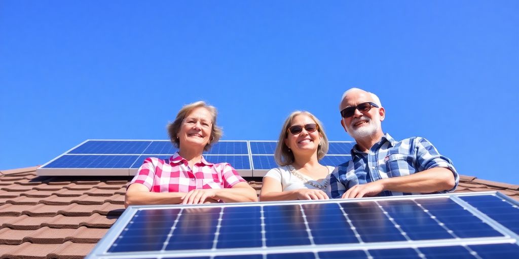 Solar panels on a roof with happy homeowners outdoors.