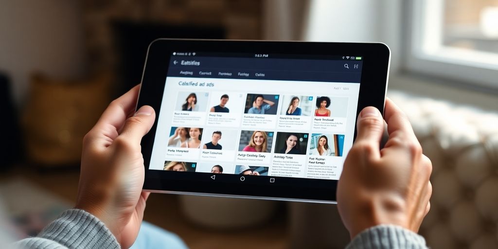 A person browsing personals ads on a tablet.