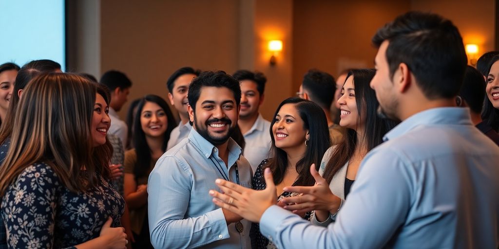 Emprendedores latinos celebrando en un evento de networking en Canadá.