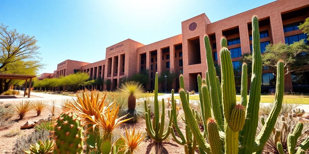 University building with desert plants.