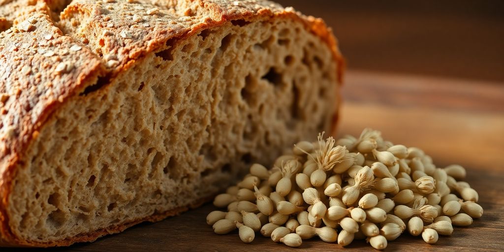 Whole wheat bread loaf and sprouted wheat kernels