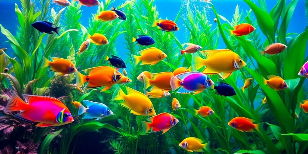 Makukulay na isdang tropikal na lumalangoy sa isang masaganang aquarium.