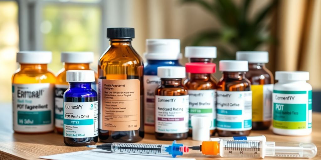 Medications and treatments for POTS flare-up management on table.