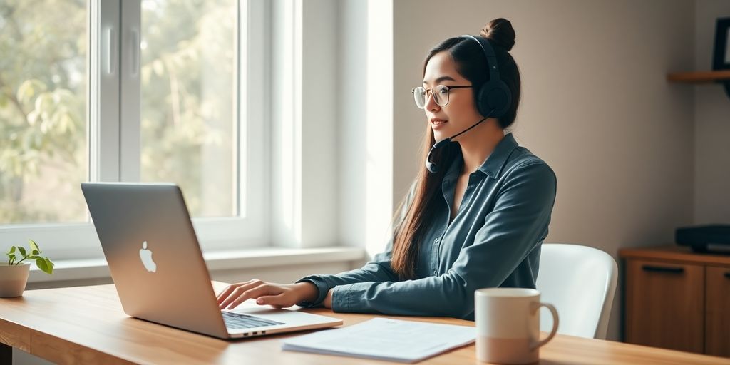 Young woman at home desk, laptop, headset, plant, coffee mug
