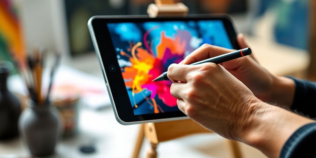 Artist painting on digital tablet, vibrant colors.