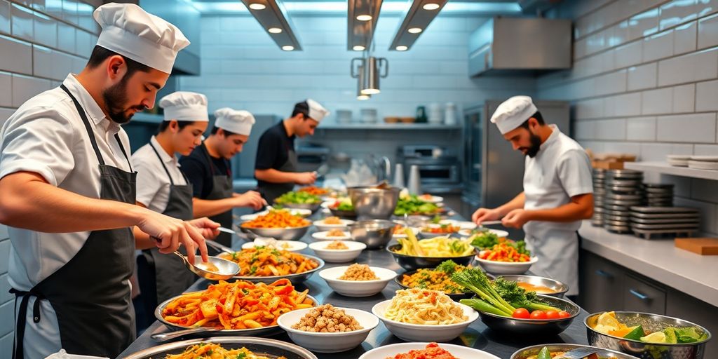 Chefs preparing food in a modern cloud kitchen.