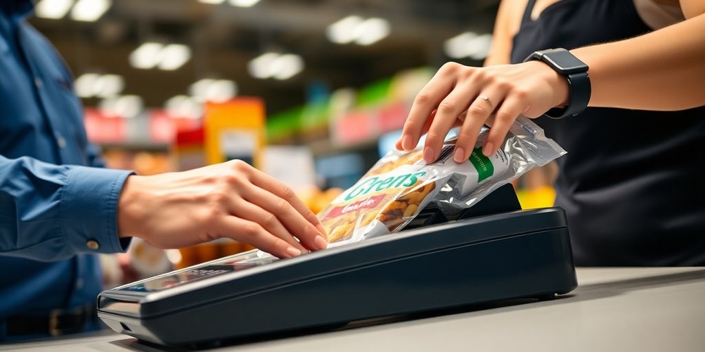 Cashier scanning groceries at checkout.