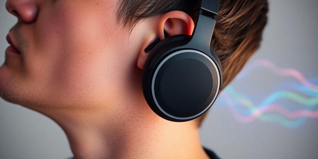 Person with headphones, vibrant music waves.