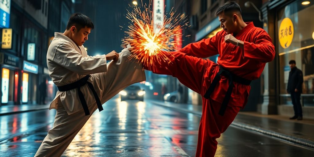 Two martial artists in a high-kick clash on a street.