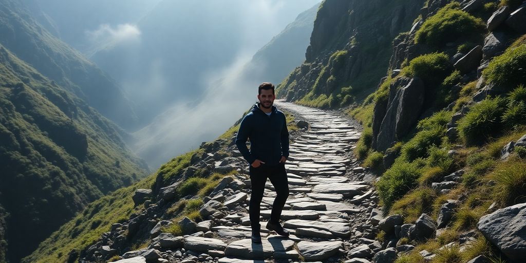 Leader navigating a challenging, winding path in a misty landscape.